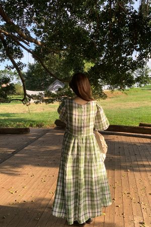 Green Plaid Linen Short Sleeve Dress for Women - Summer Loose Puff Sleeve Vintage Style Dress - Perfect for Casual Outings