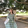 Green Plaid Linen Short Sleeve Dress for Women - Summer Loose Puff Sleeve Vintage Style Dress - Perfect for Casual Outings