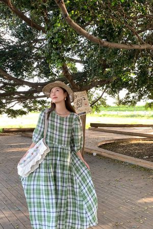 Green Plaid Linen Short Sleeve Dress for Women - Summer Loose Puff Sleeve Vintage Style Dress - Perfect for Casual Outings