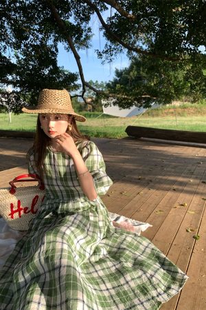 Green Plaid Linen Short Sleeve Dress for Women - Summer Loose Puff Sleeve Vintage Style Dress - Perfect for Casual Outings