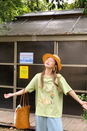 Green Retro Printed Short Sleeve T-Shirt for Women - Vintage Style Loose Drop Shoulder Top for Summer, 90s Inspired