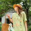 Green Retro Printed Short Sleeve T-Shirt for Women - Vintage Style Loose Drop Shoulder Top for Summer, 90s Inspired