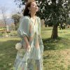 Green Retro V-Neck Dress for Women - Bohemian Long Skirt, Vintage Style, Spring Fashion, Summer of the Cicada