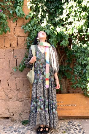 Green Retro V-Neck Dress for Women - Bohemian Long Skirt, Vintage Style, Spring Fashion, Summer of the Cicada