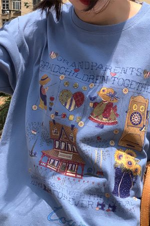 Green Short Sleeve Vintage T-Shirt for Women with Japanese Retro Girl Print, Loose Fit Pure Cotton Summer Top