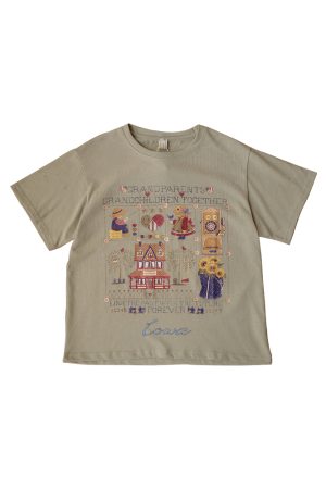 Green Short Sleeve Vintage T-Shirt for Women with Japanese Retro Girl Print, Loose Fit Pure Cotton Summer Top