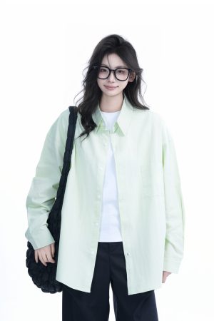 Green Solid Color Long Sleeve Shirt for Women - Sit and Eat Until the Mountains Are Empty Mambo Wind - Spring Loose Fit Fashion Trend