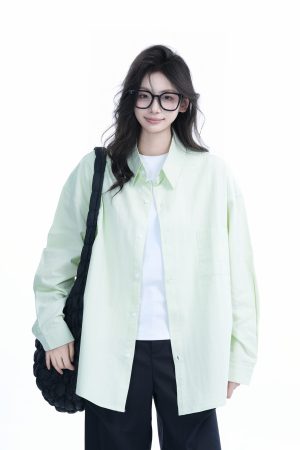 Green Solid Color Long Sleeve Shirt for Women - Sit and Eat Until the Mountains Are Empty Mambo Wind - Spring Loose Fit Fashion Trend
