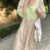 Green Wilderness Retro Plaid Patchwork Linen Dress for Women - Summer Loose Puff Sleeve Long Dress, Y2K Vintage Style