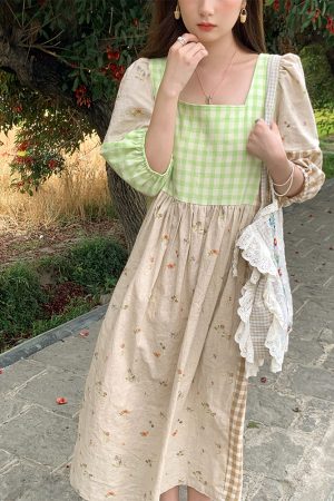 Green Wilderness Retro Plaid Patchwork Linen Dress for Women - Summer Loose Puff Sleeve Long Dress, Y2K Vintage Style