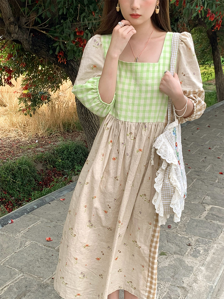 Green Wilderness Retro Plaid Patchwork Linen Dress for Women - Summer Loose Puff Sleeve Long Dress, Y2K Vintage Style Green Wilderness Retro Plaid Patchwork Linen Dress for Women - Summer Loose Puff Sleeve Long Dress, Y2K Vintage Style