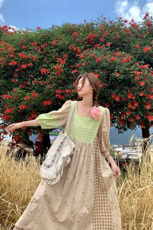 Green Wilderness Retro Plaid Patchwork Linen Dress for Women - Summer Loose Puff Sleeve Long Dress, Y2K Vintage Style