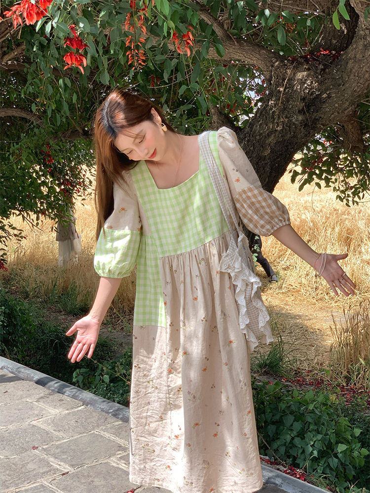 Green Wilderness Retro Plaid Patchwork Linen Dress for Women - Summer Loose Puff Sleeve Long Dress, Y2K Vintage Style Green Wilderness Retro Plaid Patchwork Linen Dress for Women - Summer Loose Puff Sleeve Long Dress, Y2K Vintage Style