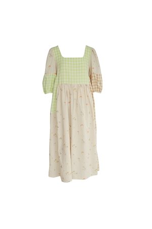 Green Wilderness Retro Plaid Patchwork Linen Dress for Women - Summer Loose Puff Sleeve Long Dress, Y2K Vintage Style