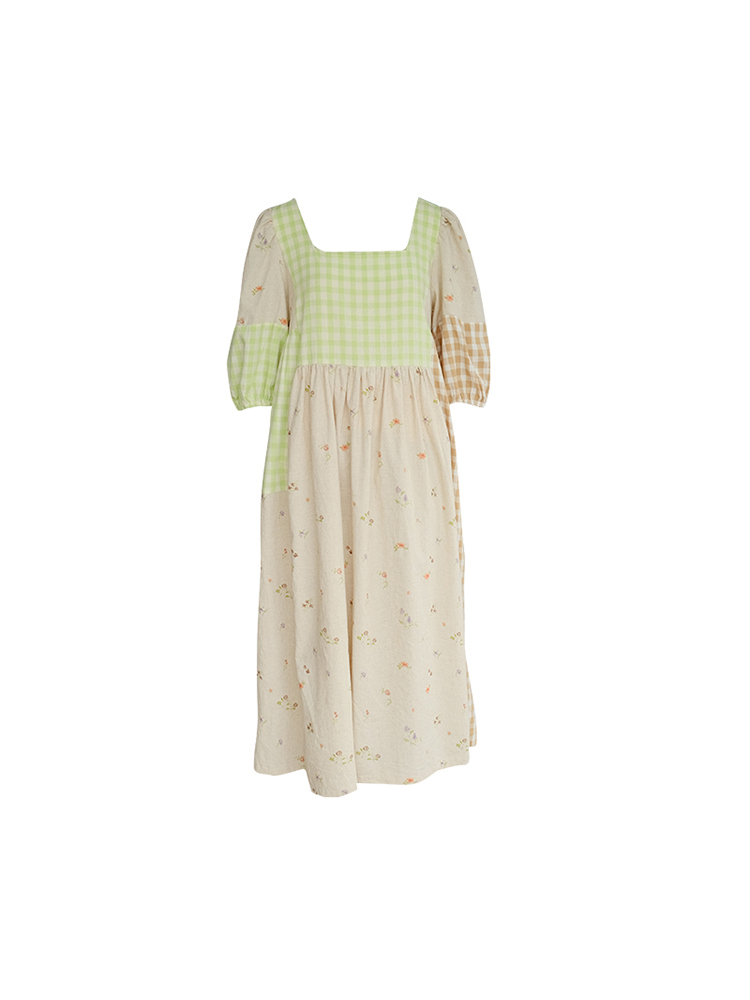 Green Wilderness Retro Plaid Patchwork Linen Dress for Women - Summer Loose Puff Sleeve Long Dress, Y2K Vintage Style Green Wilderness Retro Plaid Patchwork Linen Dress for Women - Summer Loose Puff Sleeve Long Dress, Y2K Vintage Style