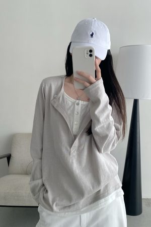 Half-Open Slant Collar Spliced Fake Two-Piece T-Shirt for Women - Long Sleeve, Loose Fit, Versatile Slimming Top for Spring and Autumn