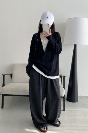 Half-Open Slant Collar Spliced Fake Two-Piece T-Shirt for Women - Long Sleeve, Loose Fit, Versatile Slimming Top for Spring and Autumn