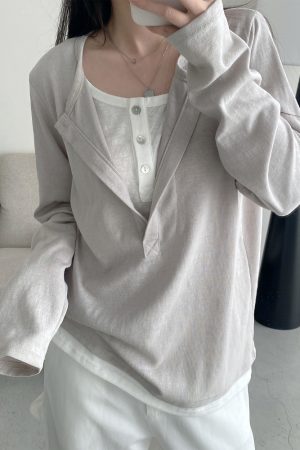 Half-Open Slant Collar Spliced Fake Two-Piece T-Shirt for Women - Long Sleeve, Loose Fit, Versatile Slimming Top for Spring and Autumn