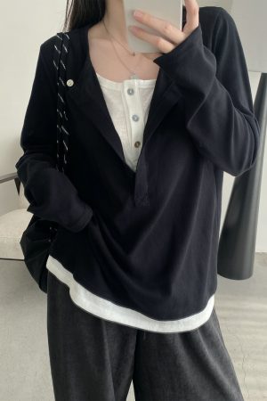 Half-Open Slant Collar Spliced Fake Two-Piece T-Shirt for Women - Long Sleeve, Loose Fit, Versatile Slimming Top for Spring and Autumn
