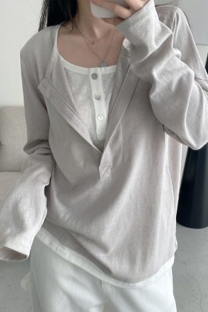 Half-Open Slant Collar Spliced Fake Two-Piece T-Shirt for Women - Long Sleeve, Loose Fit, Versatile Slimming Top for Spring and Autumn