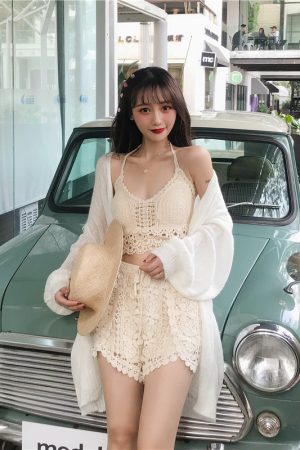 Halter Neck Two-Piece Bikini Set for Women with Knitted Shorts, Slimming Belly Coverage, Perfect for Hot Springs and Beach Wear