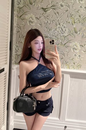 Halter Neck Vest Top with Blue Diamond Design - Pure Desire Style, Trendy Y2K Fashion for Effortless Chic Look