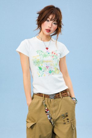 Hand-Painted Floral Print Short-Sleeve T-Shirt for Women - Summer Slim-Fit Cropped Top, American Style, Y2K Aesthetic