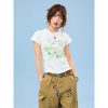 Hand-Painted Floral Print Short-Sleeve T-Shirt for Women - Summer Slim-Fit Cropped Top, American Style, Y2K Aesthetic
