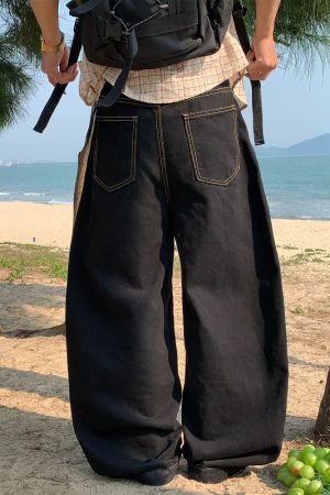 Handmade American Vintage Black Loose Straight Leg Cowboy Pants for Men and Women | 90s Inspired High-Quality Fashion Bottoms