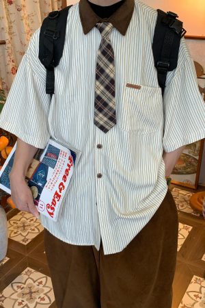 Handmade American Vintage Striped Collar Casual Short Sleeve Shirt for Men and Women, Japanese Style Loose Versatile Top