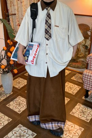 Handmade American Vintage Striped Collar Casual Short Sleeve Shirt for Men and Women, Japanese Style Loose Versatile Top