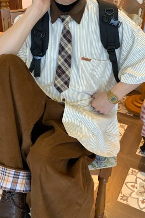 Handmade American Vintage Striped Collar Casual Short Sleeve Shirt for Men and Women, Japanese Style Loose Versatile Top