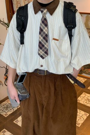 Handmade American Vintage Striped Collar Casual Short Sleeve Shirt for Men and Women, Japanese Style Loose Versatile Top