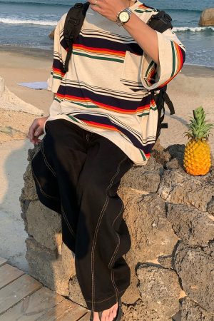 Handmade American Vintage Striped Short Sleeve T-Shirt for Men and Women, Casual Loose Round Neck Top, Summer Essential