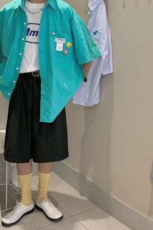 Handmade Brooch Flower Loose Shirt - Lake Blue Solid Color Short Sleeve Top for Students - Versatile Fashion Essential