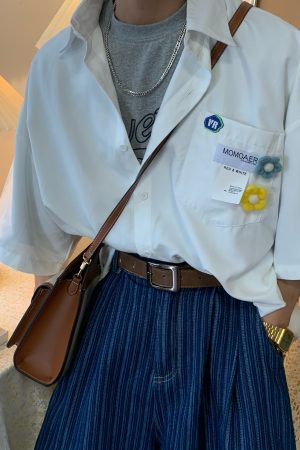 Handmade Brooch Flower Loose Shirt - Lake Blue Solid Color Short Sleeve Top for Students - Versatile Fashion Essential