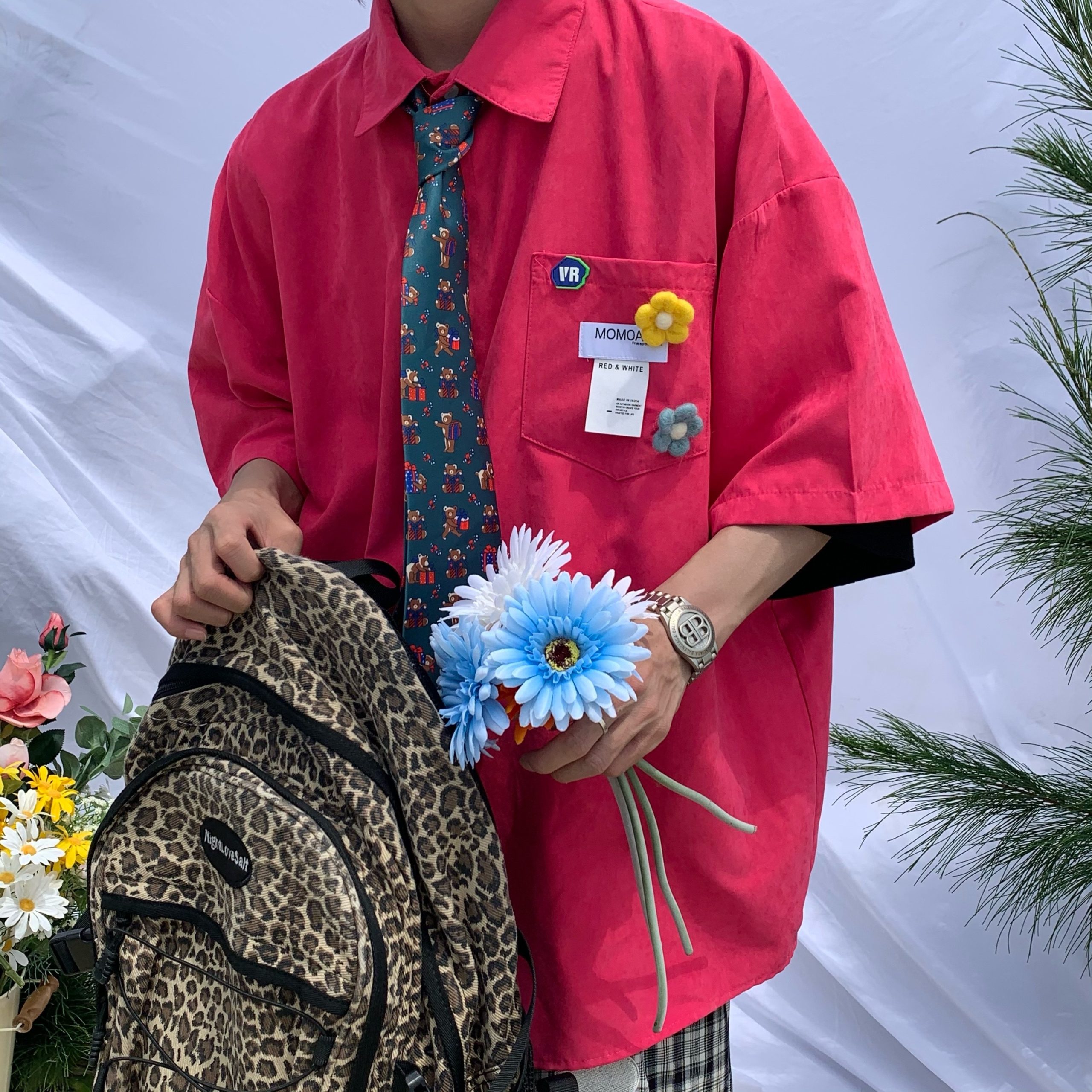 Handmade Brooch Flower Loose Shirt - Lake Blue Solid Color Short Sleeve Top for Students - Versatile Fashion Essential Handmade Brooch Flower Loose Shirt - Lake Blue Solid Color Short Sleeve Top for Students - Versatile Fashion Essential