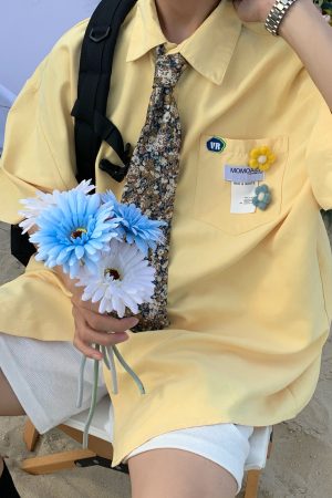 Handmade Brooch Flower Loose Shirt - Lake Blue Solid Color Short Sleeve Top for Students - Versatile Fashion Essential