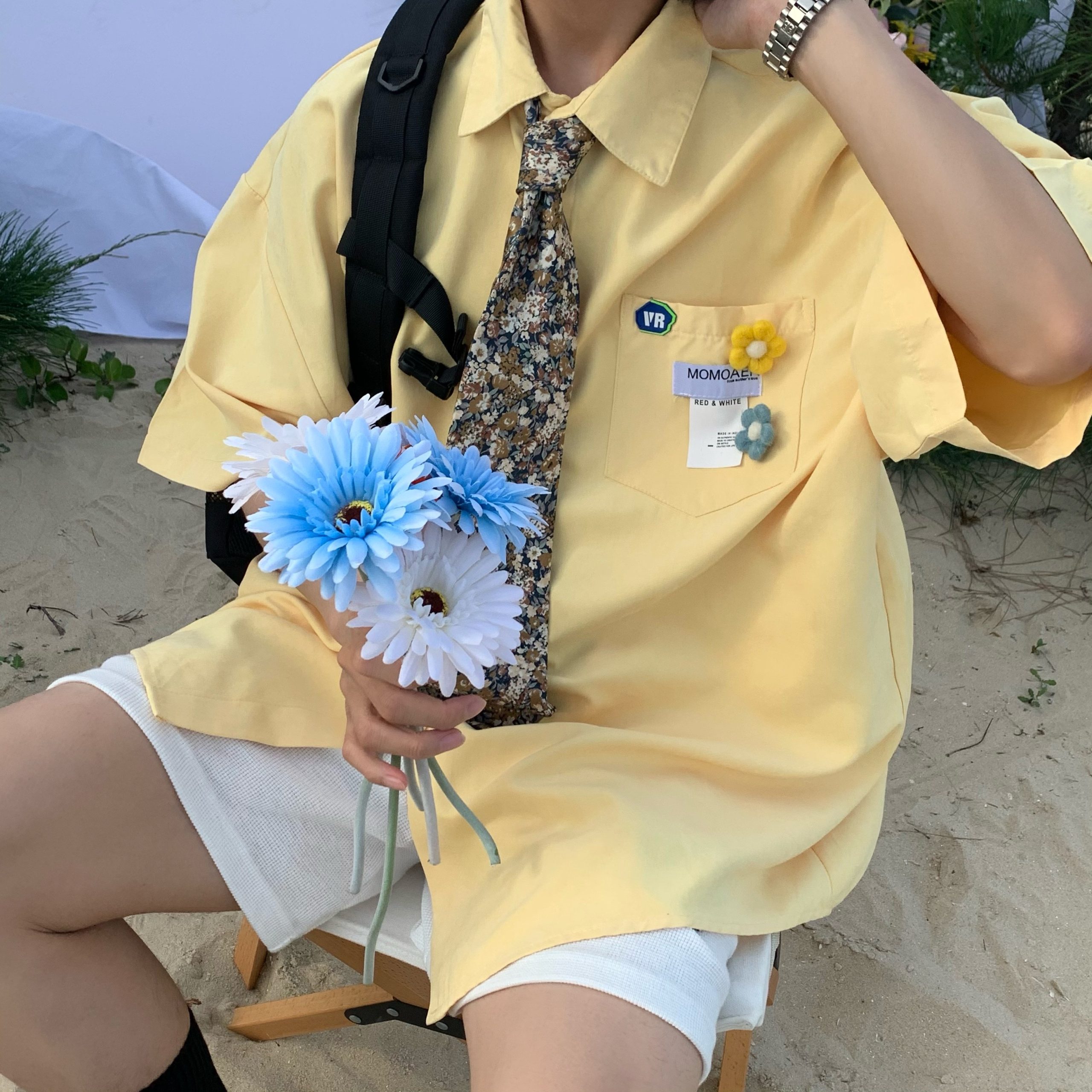 Handmade Brooch Flower Loose Shirt - Lake Blue Solid Color Short Sleeve Top for Students - Versatile Fashion Essential Handmade Brooch Flower Loose Shirt - Lake Blue Solid Color Short Sleeve Top for Students - Versatile Fashion Essential