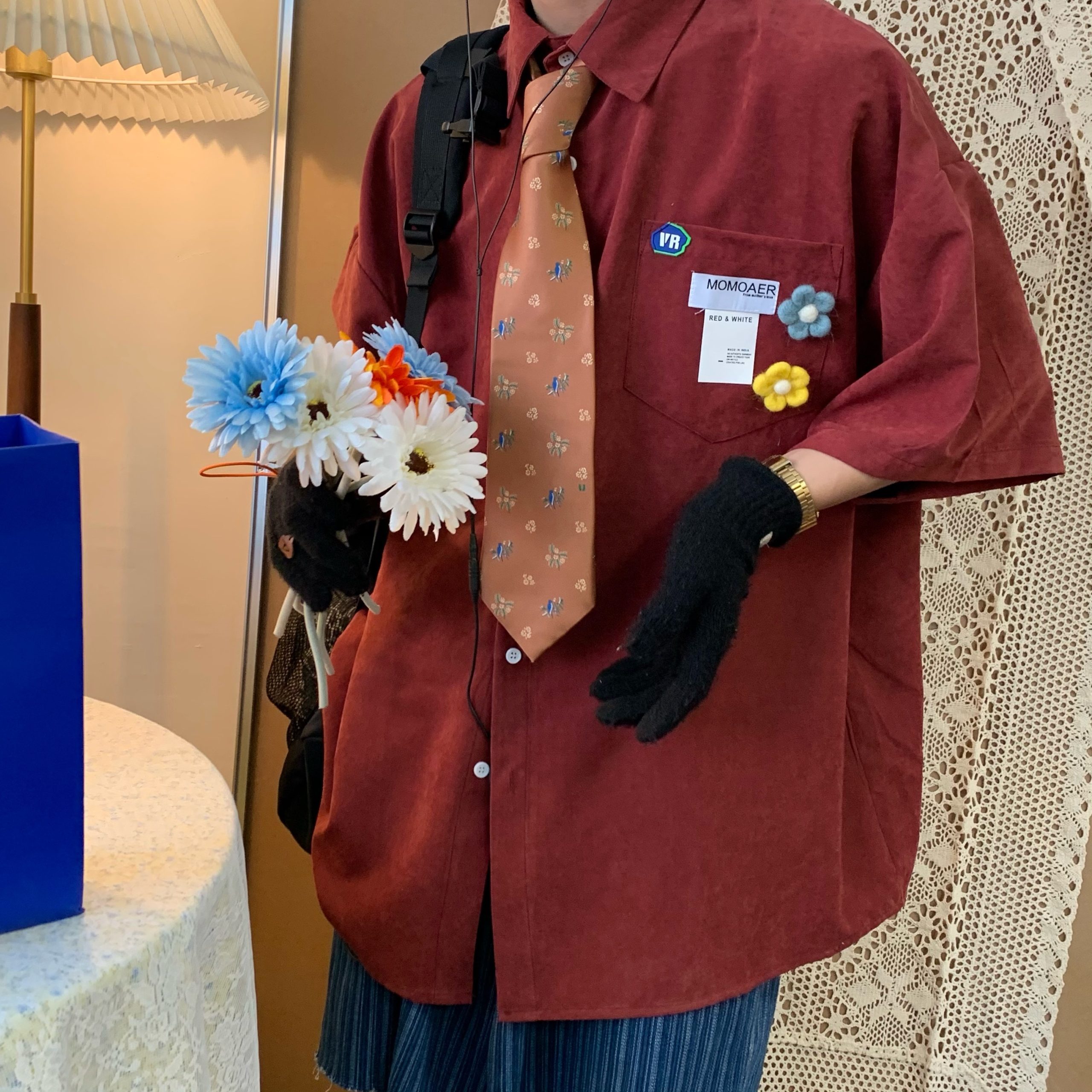 Handmade Brooch Flower Loose Shirt - Lake Blue Solid Color Short Sleeve Top for Students - Versatile Fashion Essential Handmade Brooch Flower Loose Shirt - Lake Blue Solid Color Short Sleeve Top for Students - Versatile Fashion Essential