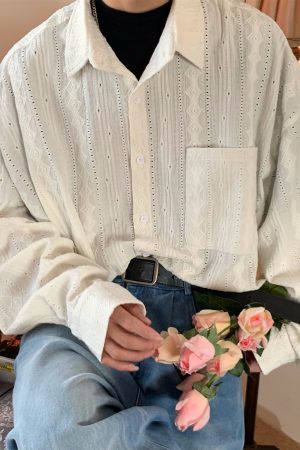 Handmade French Vintage Hollowed Long Sleeve Shirt - Autumn Lazy Style Loose Trendy Top for a Chic 90s-Inspired Look