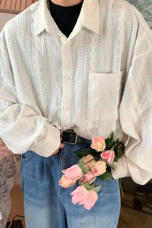 Handmade French Vintage Hollowed Long Sleeve Shirt - Autumn Lazy Style Loose Trendy Top for a Chic 90s-Inspired Look