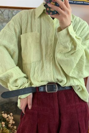 Handmade French Vintage Hollowed Long Sleeve Shirt - Autumn Lazy Style Loose Trendy Top for a Chic 90s-Inspired Look
