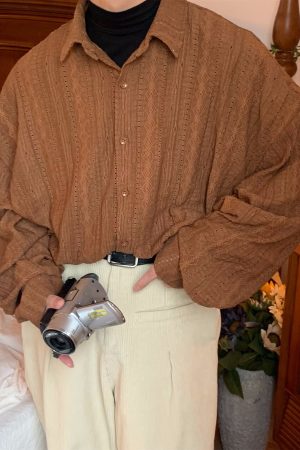 Handmade French Vintage Hollowed Long Sleeve Shirt - Autumn Lazy Style Loose Trendy Top for a Chic 90s-Inspired Look