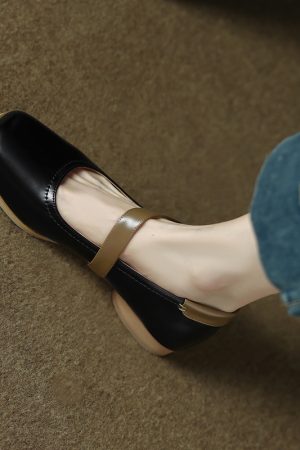Handmade Genuine Leather Color-Blocked Mary Jane Shoes for Women, Retro Low-Heeled Flats for Spring and Autumn 2025