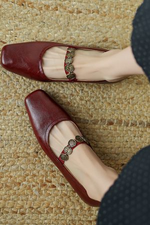 Handmade Genuine Leather One-Strap Mary Jane Flat Shoes for Women - Retro Chinese Style, Artistic Design, Vintage Charm