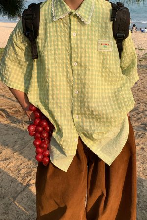 Handmade Japanese Retro Plaid Short Sleeve Shirt with Lace Trim for Women - Summer Loose Puff Sleeve Top