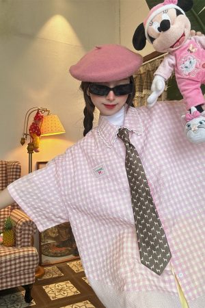 Handmade Japanese Retro Plaid Short Sleeve Shirt with Lace Trim for Women - Summer Loose Puff Sleeve Top