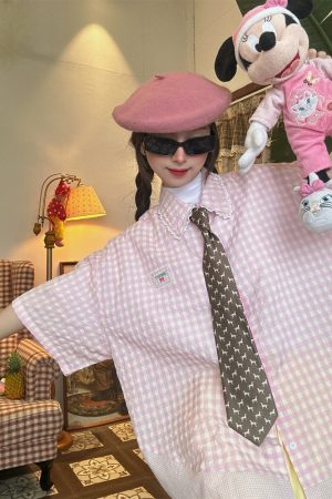 Handmade Japanese Retro Plaid Short Sleeve Shirt with Lace Trim for Women - Summer Loose Puff Sleeve Top