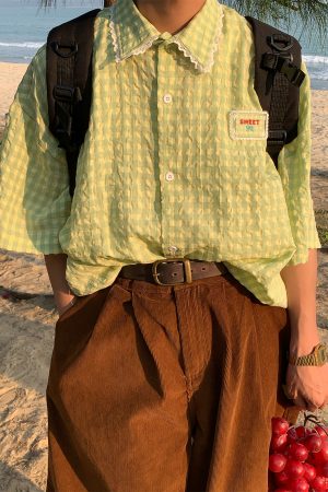 Handmade Japanese Retro Plaid Short Sleeve Shirt with Lace Trim for Women - Summer Loose Puff Sleeve Top